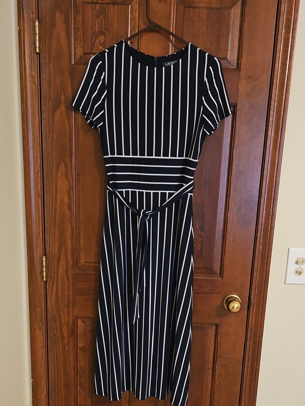 Lauren Ralph Lauren Navy and White Vertical Stripe Tie-Waist Midi Dress